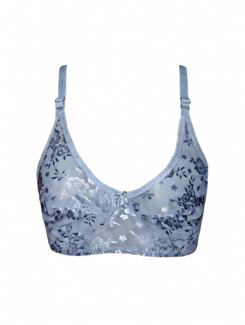 Light Blue Floral Lace Net Bra | Deep V Sexy Crop Bra with Bow - 800 Rs