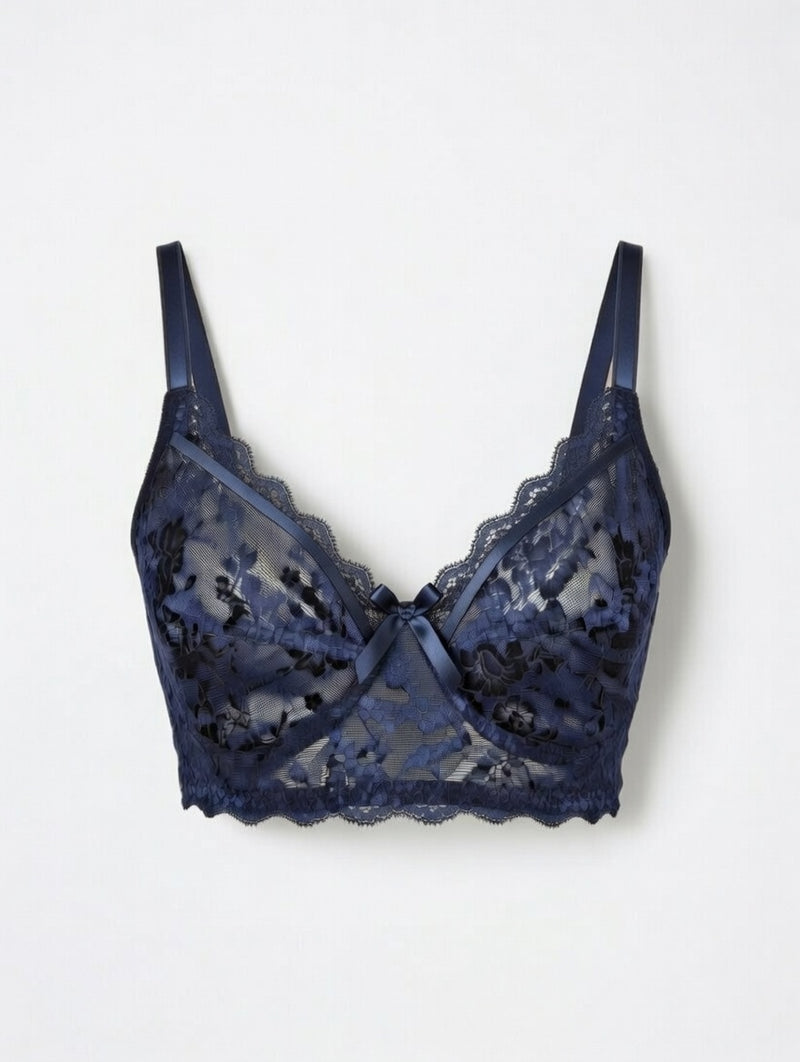 Navy Blue Floral Lace Net Bra | Deep V Sexy Crop Bra with Bow - 800 Rs