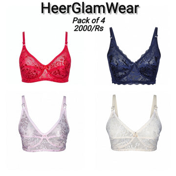 Pack of 4 Lace Net Bras | Red, Blue, Pink & Skin Color Combo | Comfortable Bra Set for Women - Only 2000 Rs Delivery Free