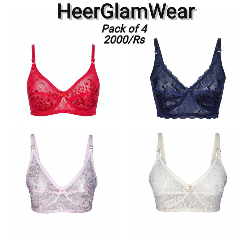 Pack of 4 Lace Net Bras | Red, Blue, Pink & Skin Color Combo | Comfortable Bra Set for Women - Only 2000 Rs Delivery Free