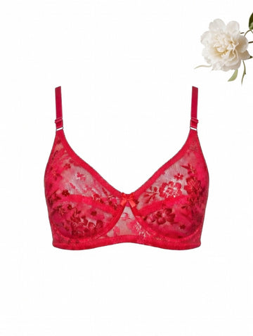 Red Floral Lace Net Bra | Deep V Sexy Crop Bra with Bow - 800 Rs